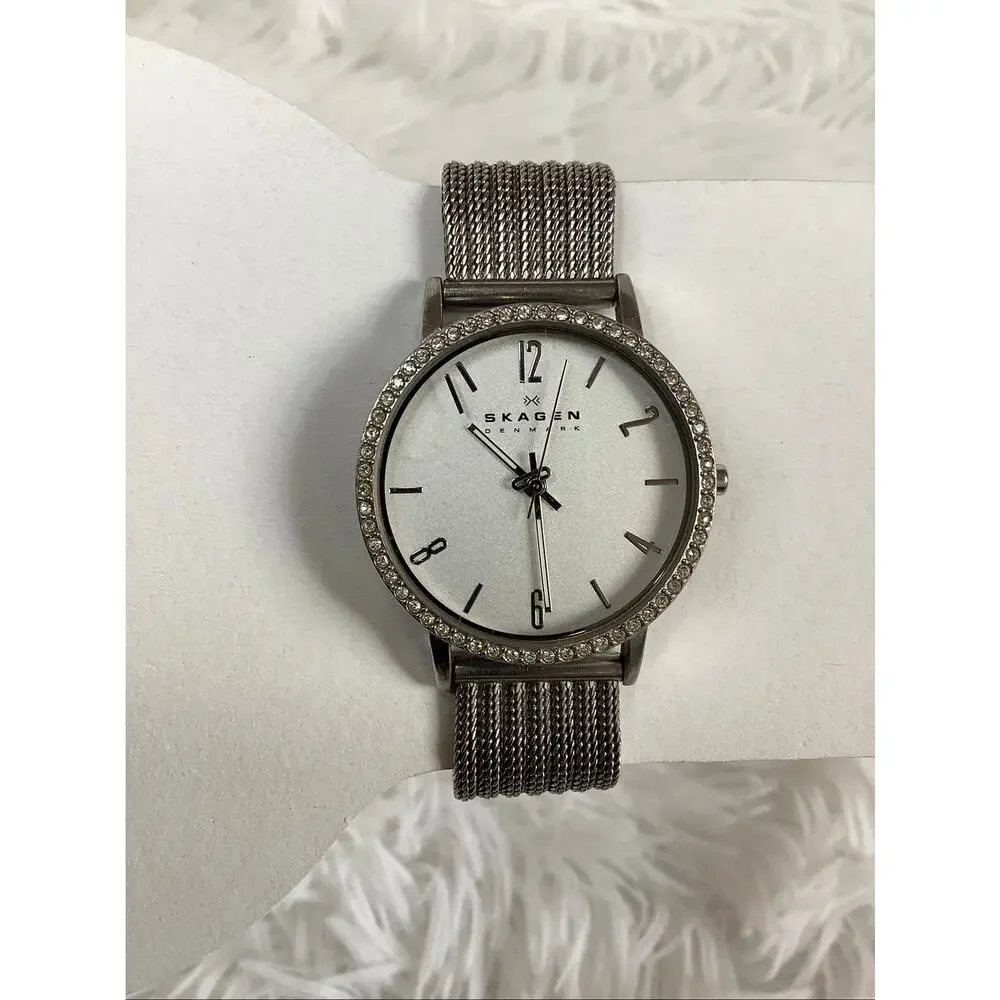 Skagen Silver Stainless Steel Mesh Band Pave Crystal Analog Quartz Watch A5-8